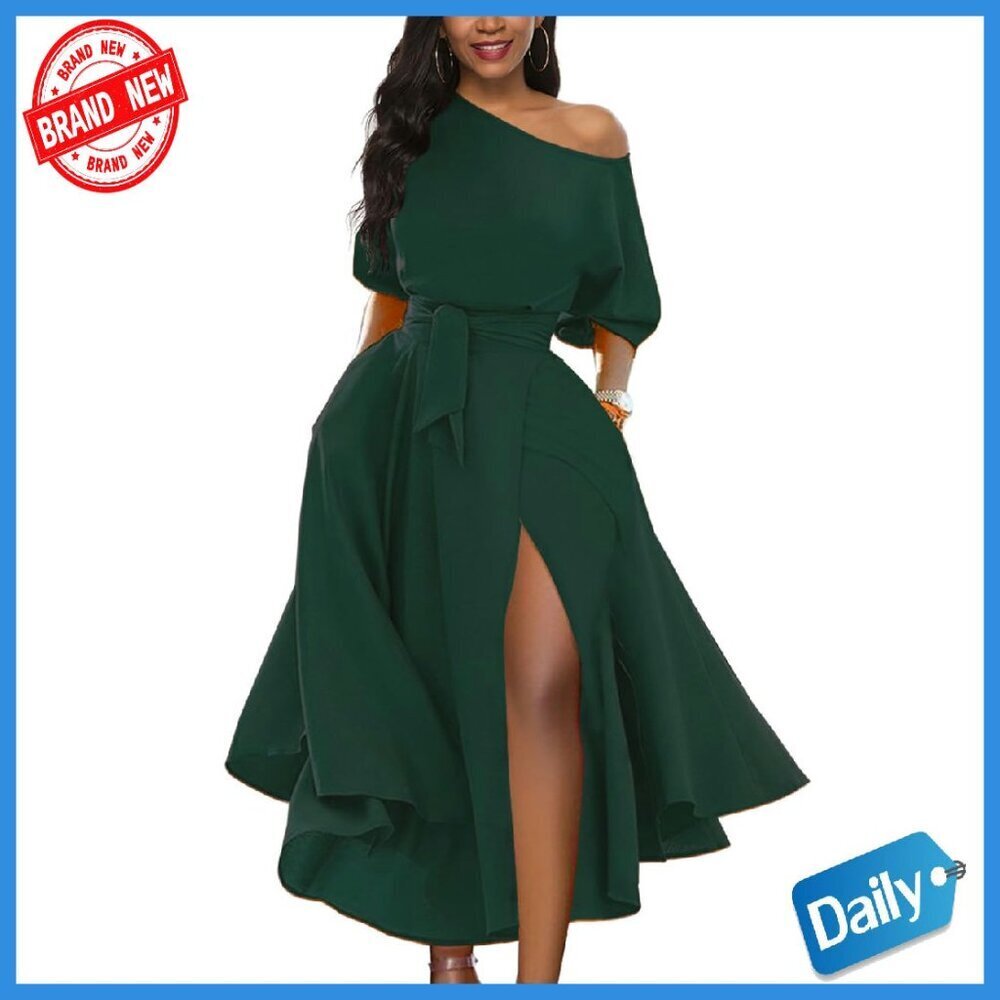 Off Shoulder Belted Side Slit Cocktail Dress with Pockets